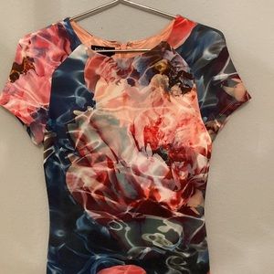 BEBE fitted scuba dress -removeable skirt in transparent matching material